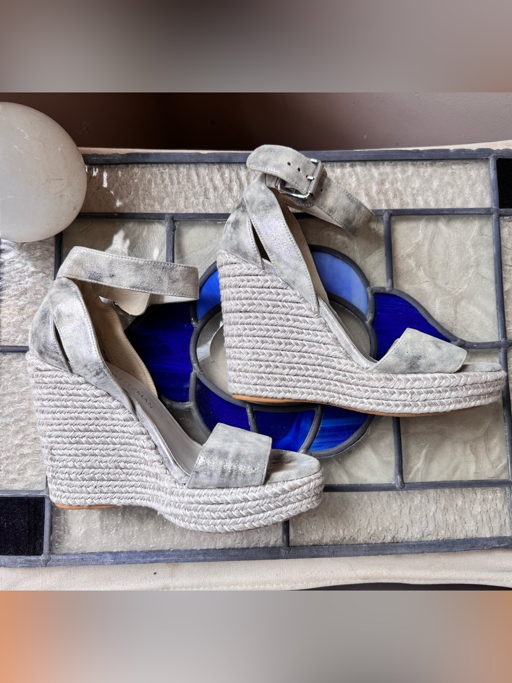Stuart Weitzman Silver Suede Espadrille Wedges with Ankle Strap